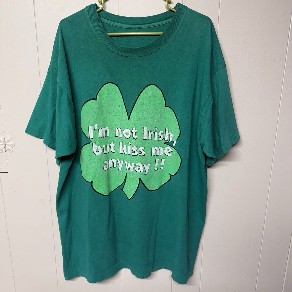 Vtg Single Stitch I'm Not IRISH, But Kiss Me Anyway Humor T-Shirt Green Men 2XL